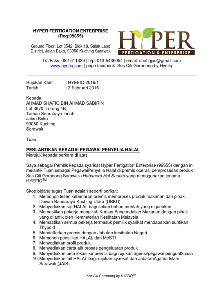 Surat Lantikan Penyelia Halal Pdf