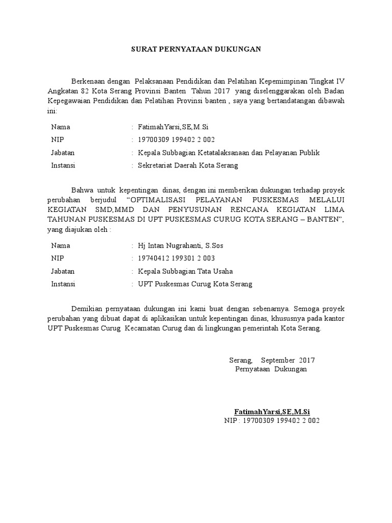Arsip Surat Pernyataan Dukungan Proper Kediri 20 Agustus 2012.