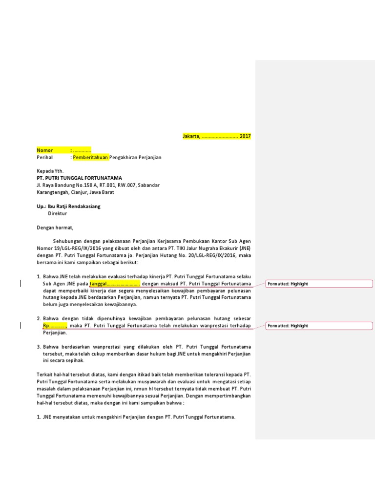 Contoh Surat Pemutusan Hubungan Kerjasama Dengan Vendor 