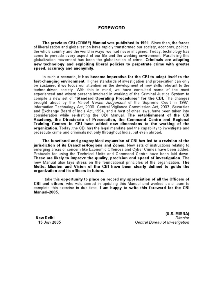Foreword: Director Central Bureau of Investigation | PDF | Crime ...