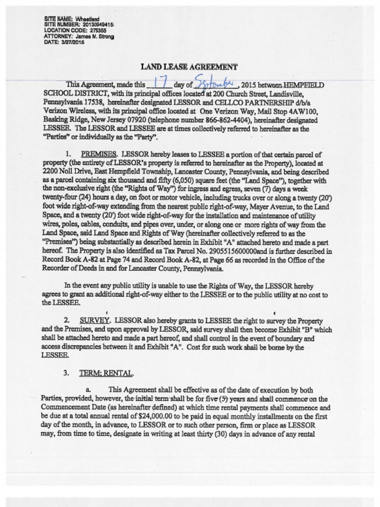 Hempfield cell tower land lease agreement 2015