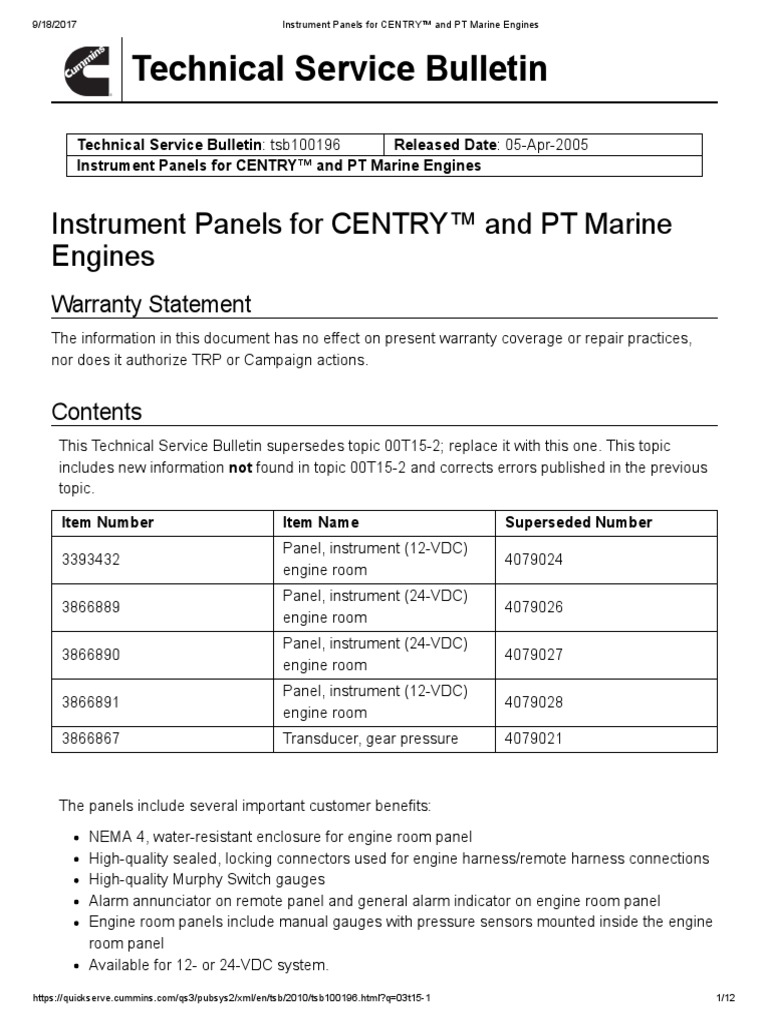 Instrument Panels For CENTRY™ and PT Marine Engines | PDF | Switch ...