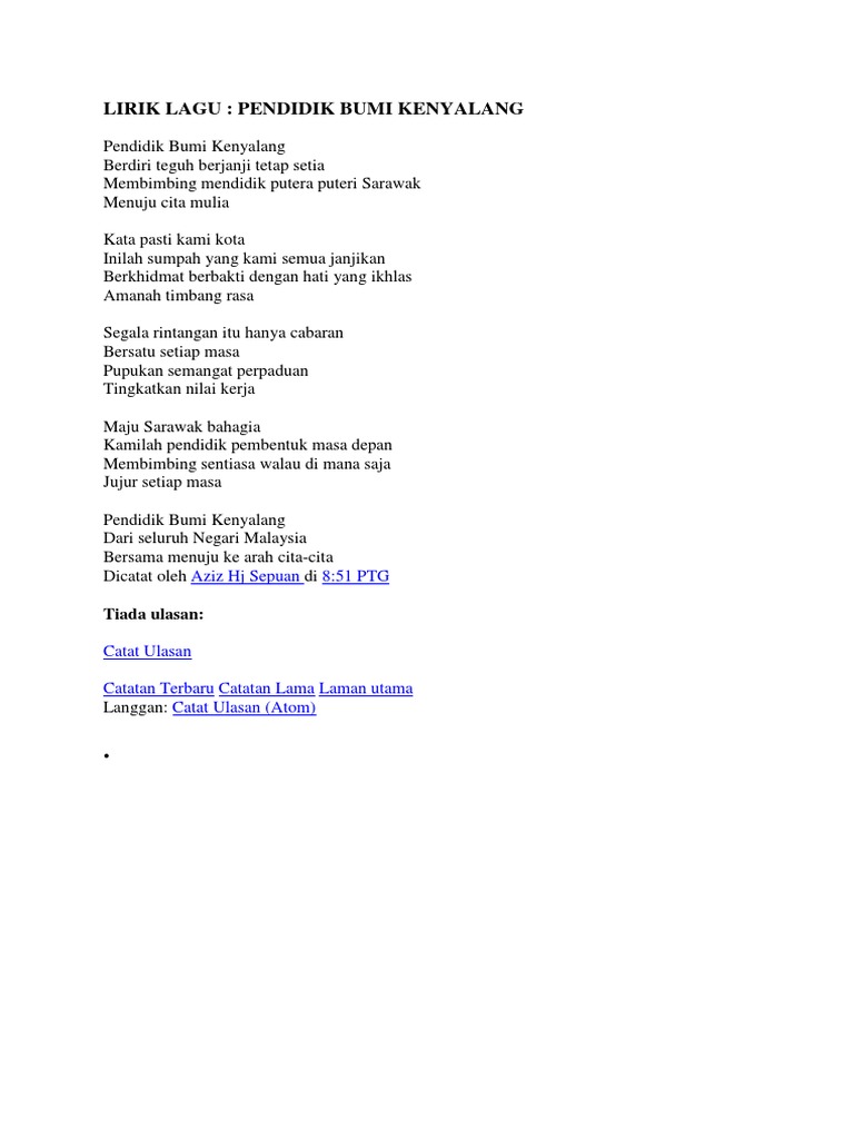 LIRIK LAGU Pendidik Kenyalang | PDF