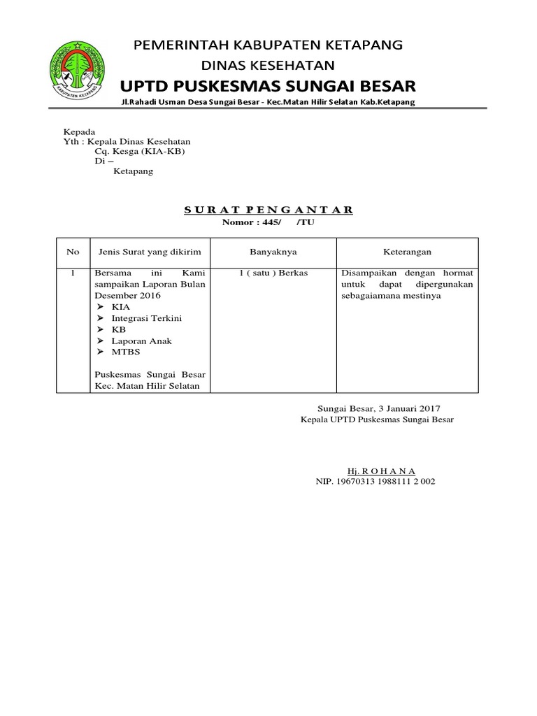 Surat Pengantar Laporan Bulanan
