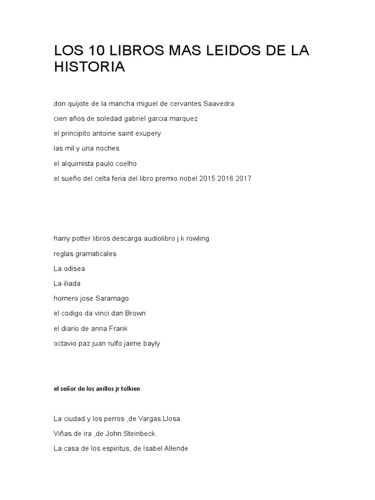 Los 10 Libros Mas Leidos de La Historia | PDF | Escritores | Novelas