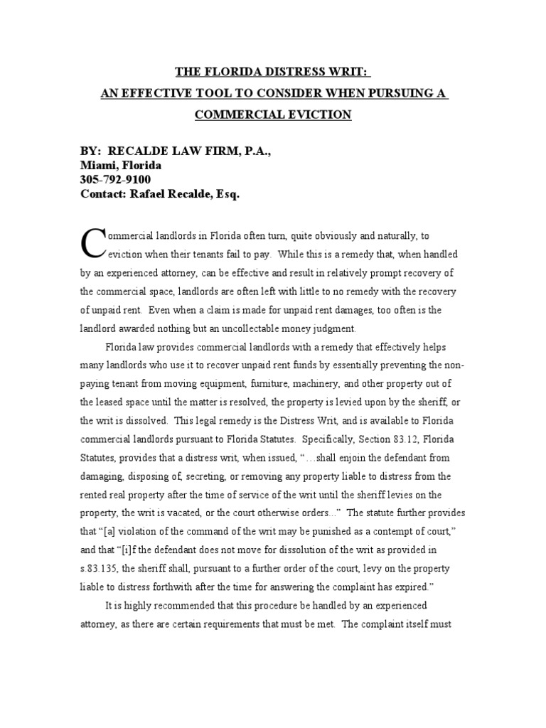 Florida Distress Writ for Landlords | PDF | Landlord | Leasehold Estate