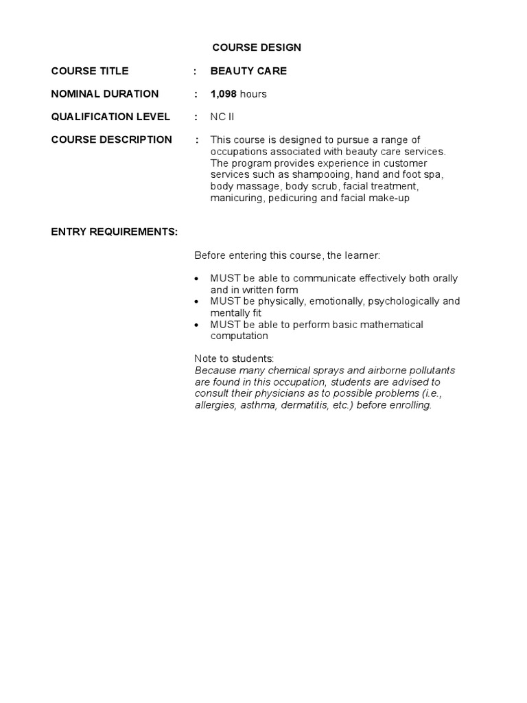 Beauty Care Course NC II Overview | PDF | Educational Assessment ...