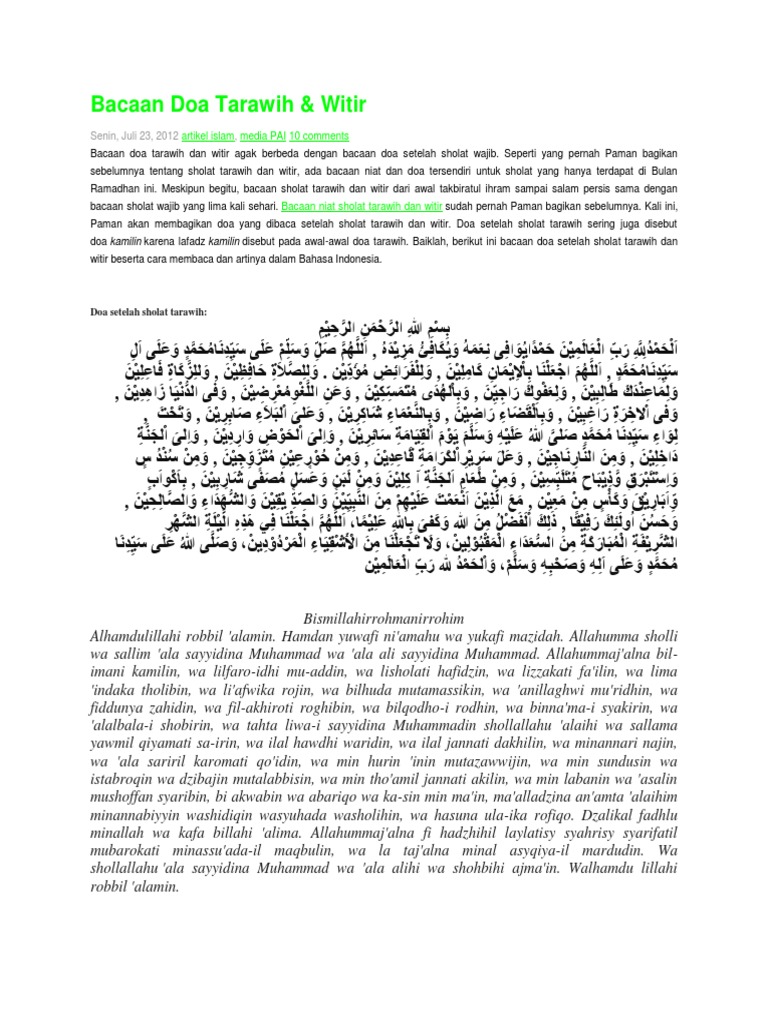 Doa Setelah Witir Subhana Malikil Quddus - Kumpulan Doa