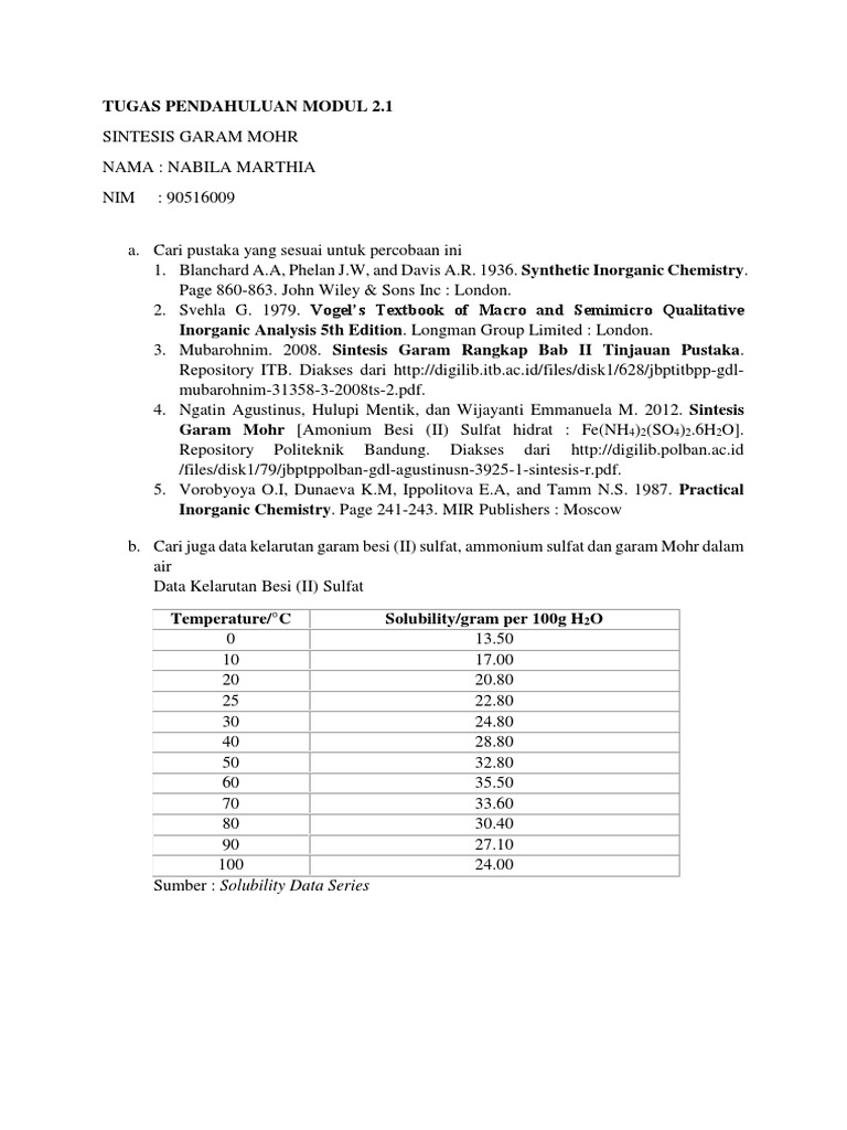 Tugas Pendahuluan Modul 2.1 Sintesis Garam Mohr | PDF