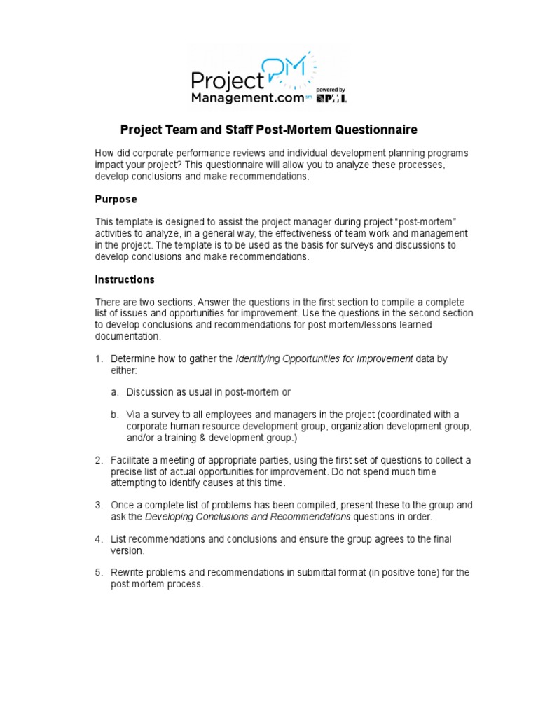 Project Team Post Mortem Questionnaire PDF Performance Appraisal