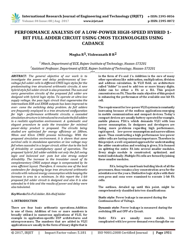 Performance Analysis of A Low-Power High-Speed Hybrid 1-Bit Full Adder ...