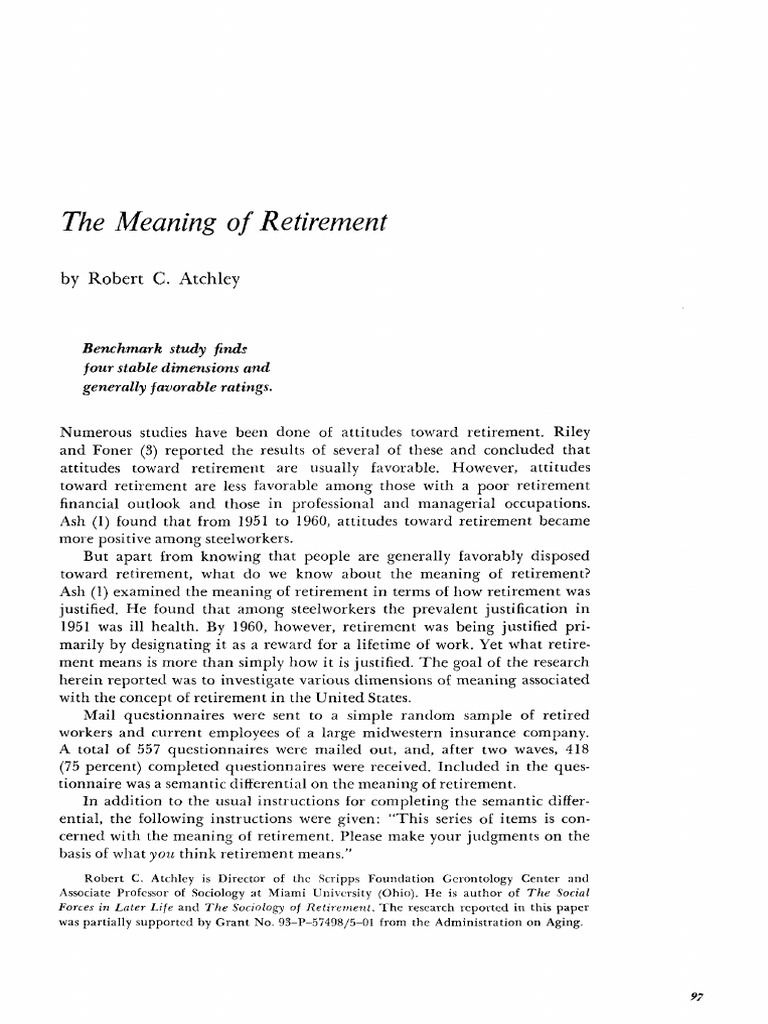 The Meaning of Retirement by Robert C. Atchley Behavioural Sciences