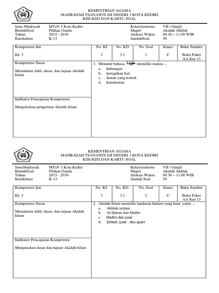 Kartu Soal Aa Smt Ganjil Kls 7 Docx Docx