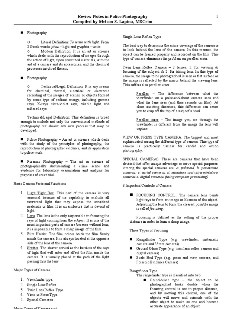 Review Notes in Police Photography | PDF | Lens (Optics) | Camera