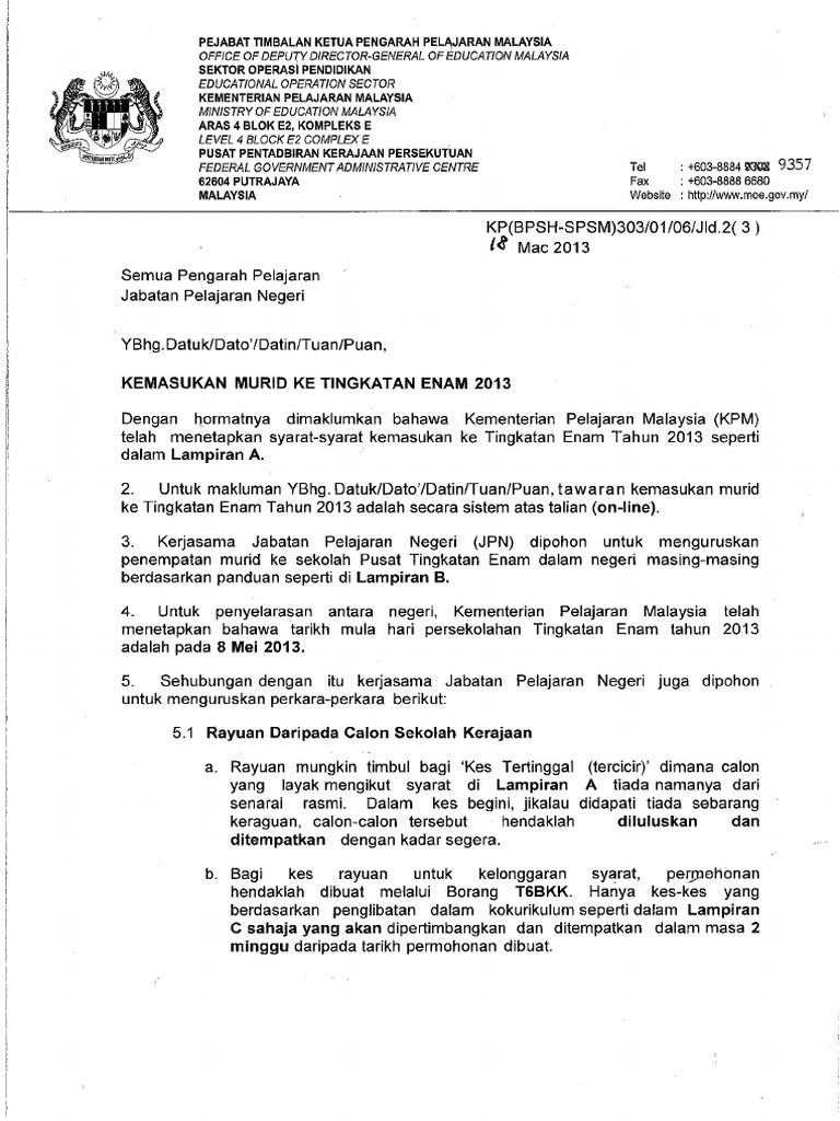 Pekeliling Kemasukan Tingkatan 6 Pdf Pdf