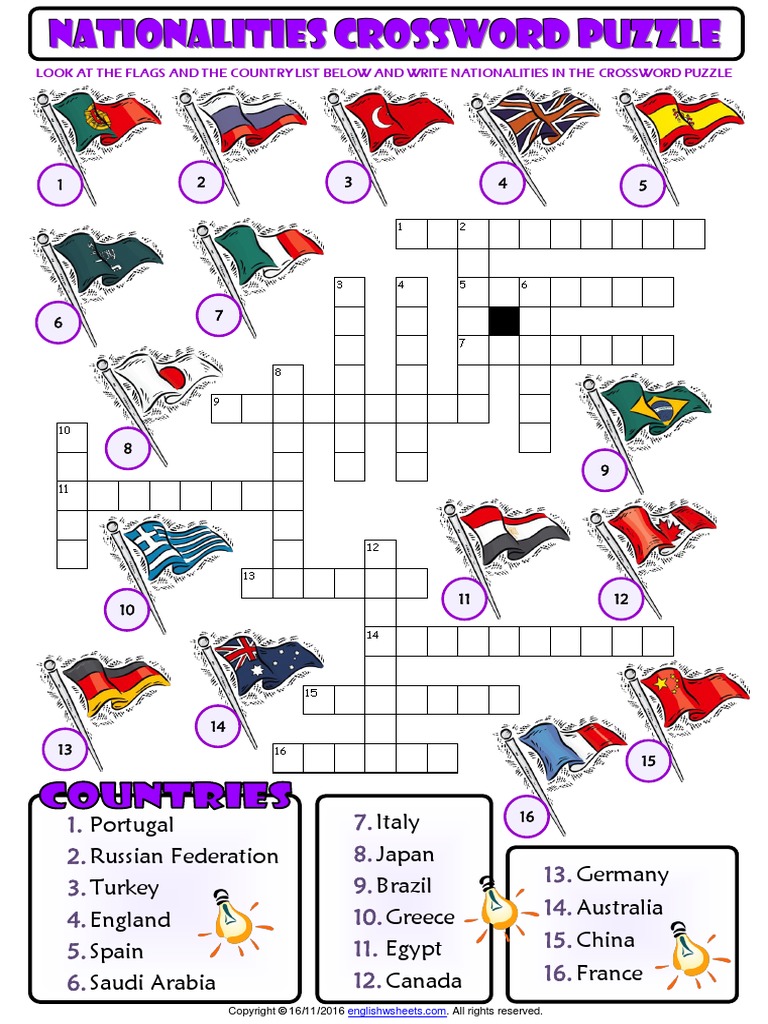Nationalities Esl Crossword Puzzle Worksheet for Kids