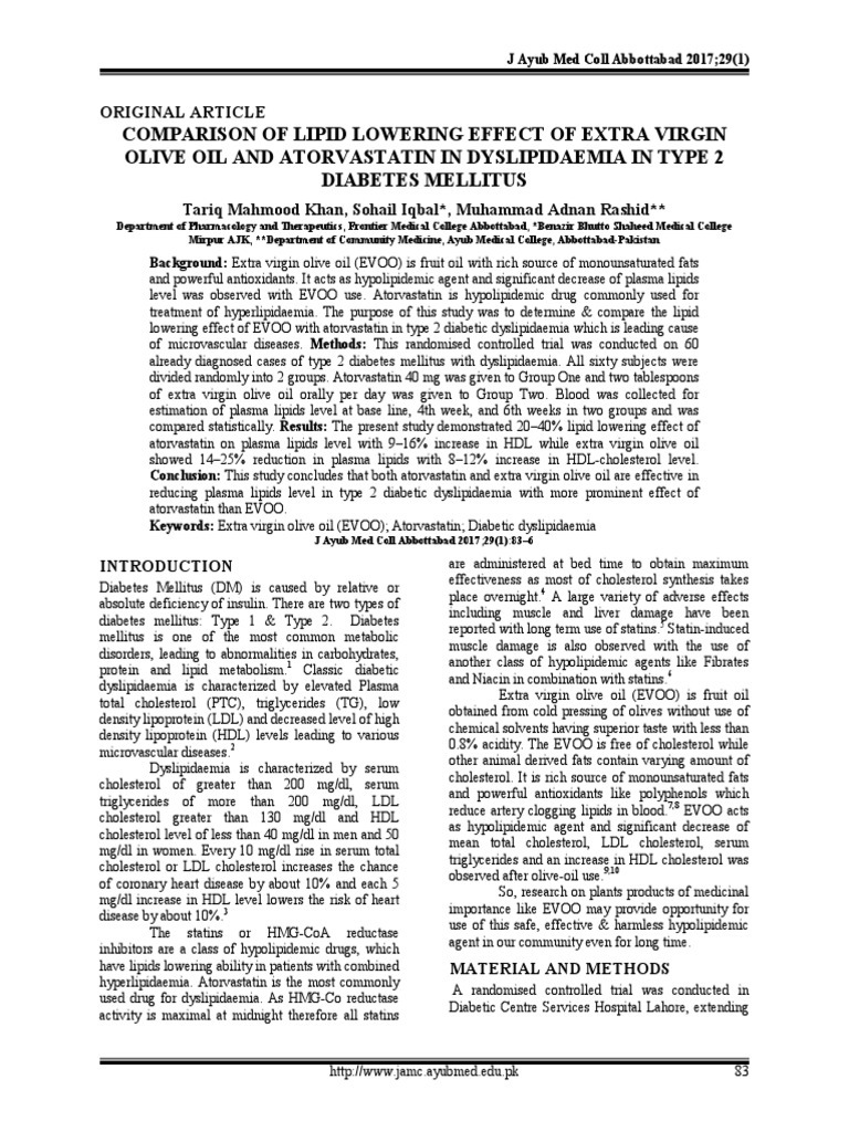 Comparison of Lipid Lowering Effect of Extra Virgin Olive Oil and