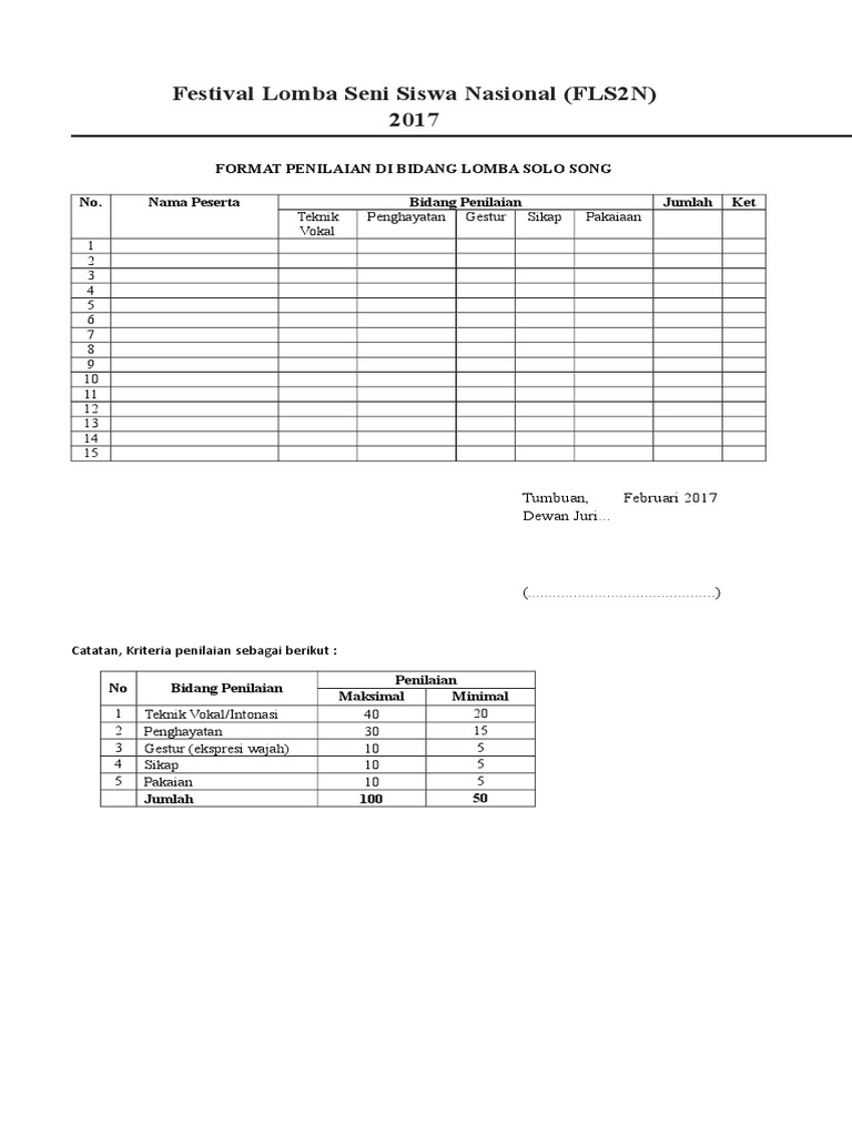 Format Penilaian Di Bidang Lomba Solo Song (Fls2n) Format Penilaian Di Bidang Lomba Solo Song (Fls2n)