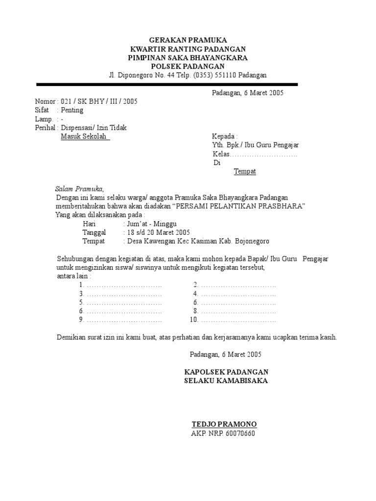 Contoh Surat Dispensasi Tidak Masuk Sekolah Kumpulan