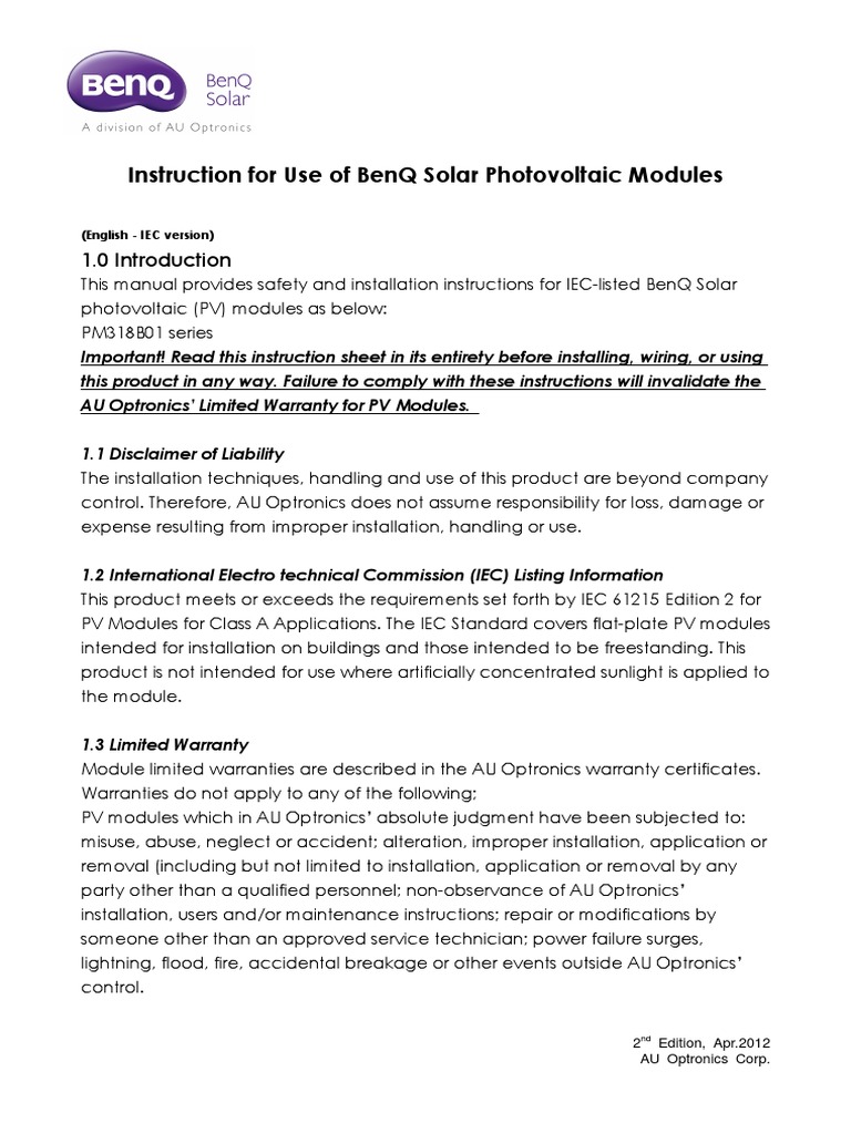 BenQ Solar Module Installation Guide | PDF | Solar Panel | Electrical ...