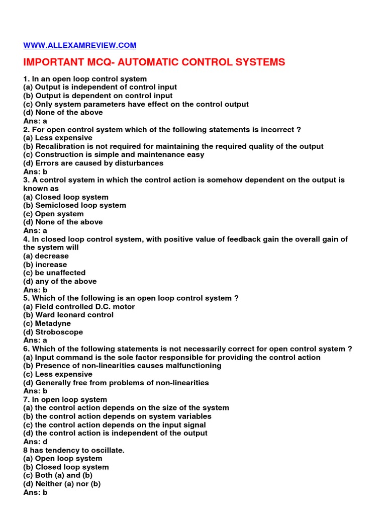 Important McqAutomatic Control Systems PDF Control System Amplifier