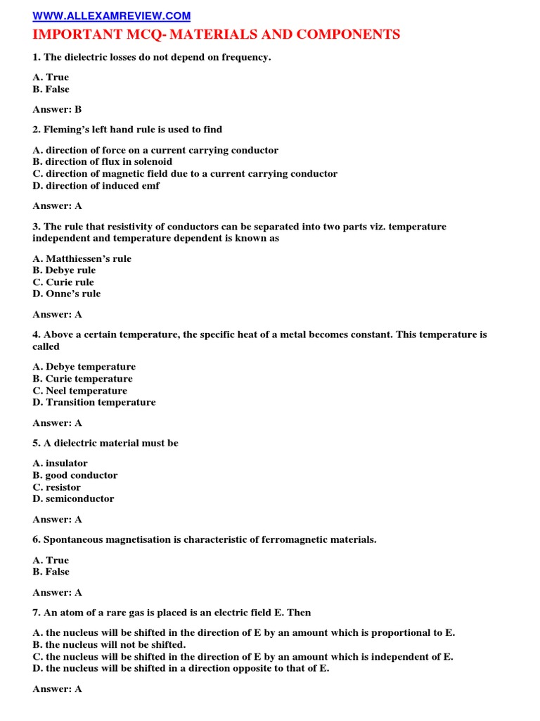 Important MCQ Materials and Components PDF Electrical Resistivity