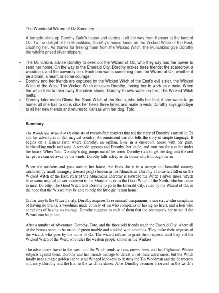 The Wonderful Wizard of Oz Summary Dorothy Gale The Wonderful