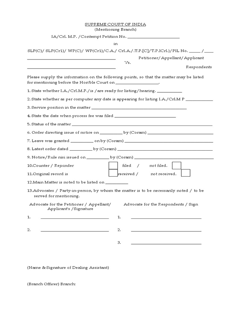 Supreme Court Mentioning Proforma Guide | PDF