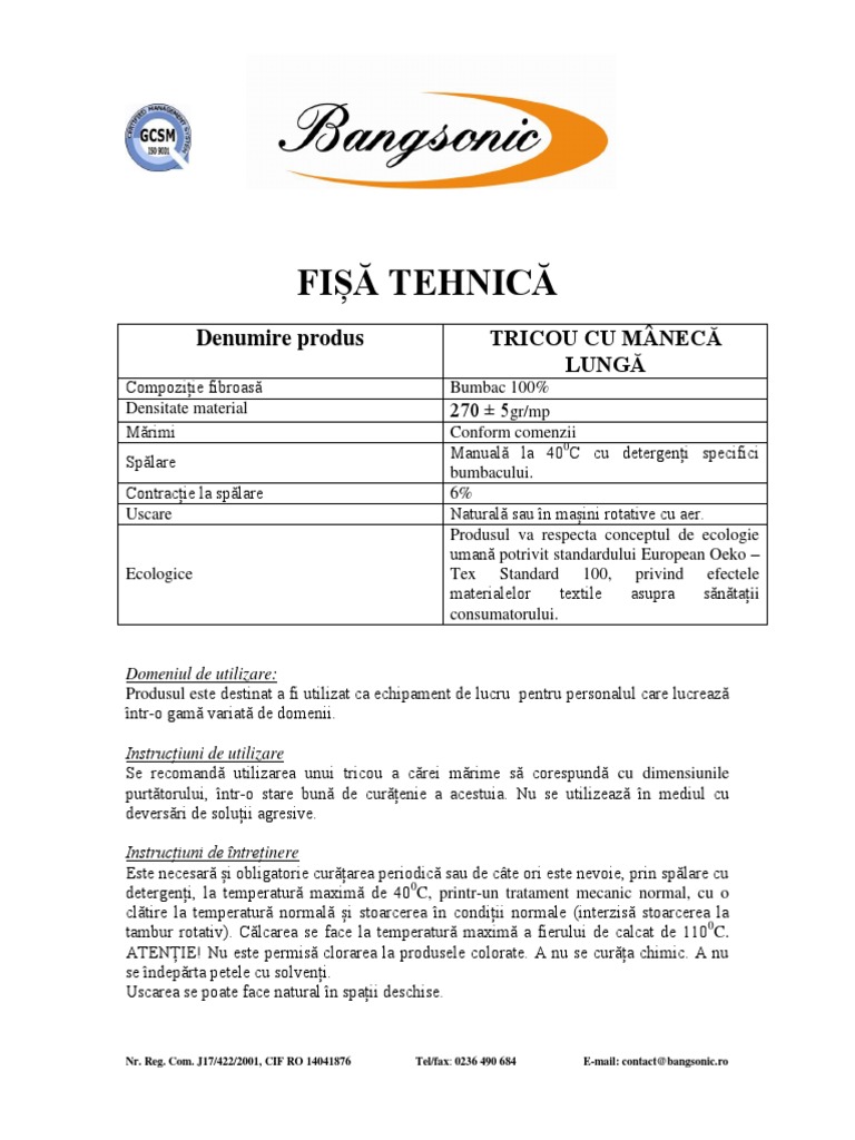 Fisa Tehnica Tricou Maneca Lunga | PDF