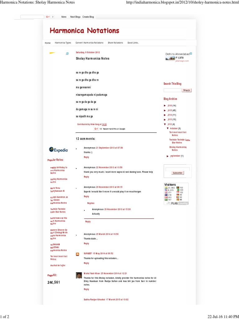 Harmonica Notations Sholay Harmonica Notes PDF