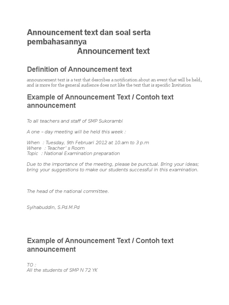 Announcement Text Dan Soal Serta Pembahasannya Leisure