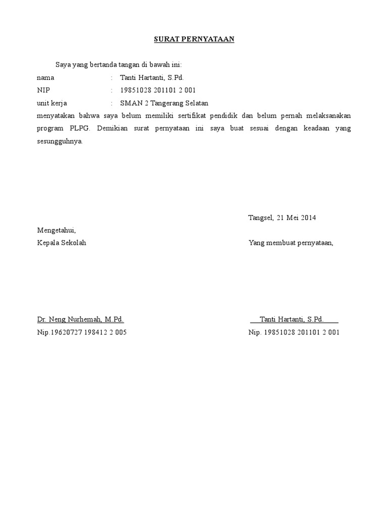 Contoh Surat Pernyataan Sertifikasi Guru