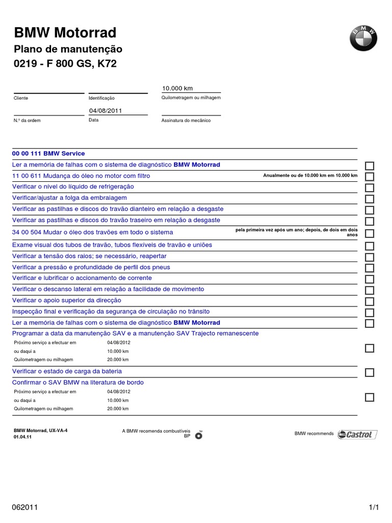 TABELA REVISAO BMW F800 GS 10000KM.
