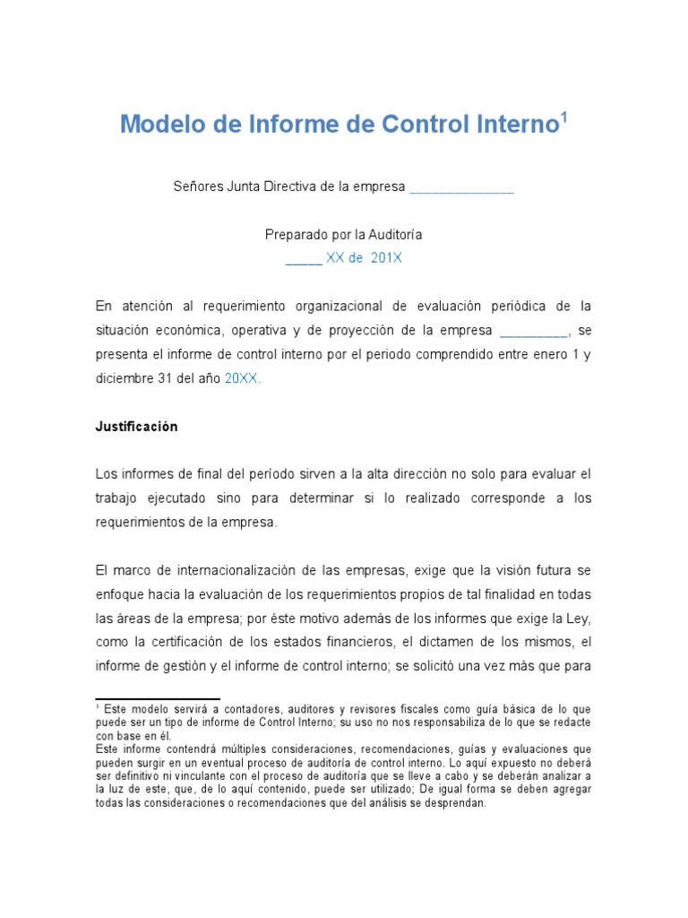 Modelo Informe Control Interno | PDF | Contabilidad | Auditoría financiera