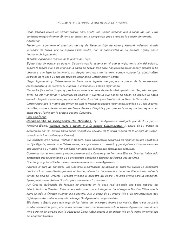 Resumen de La Obra La Orestiada de Esquilo Tragedia griega Sófocles