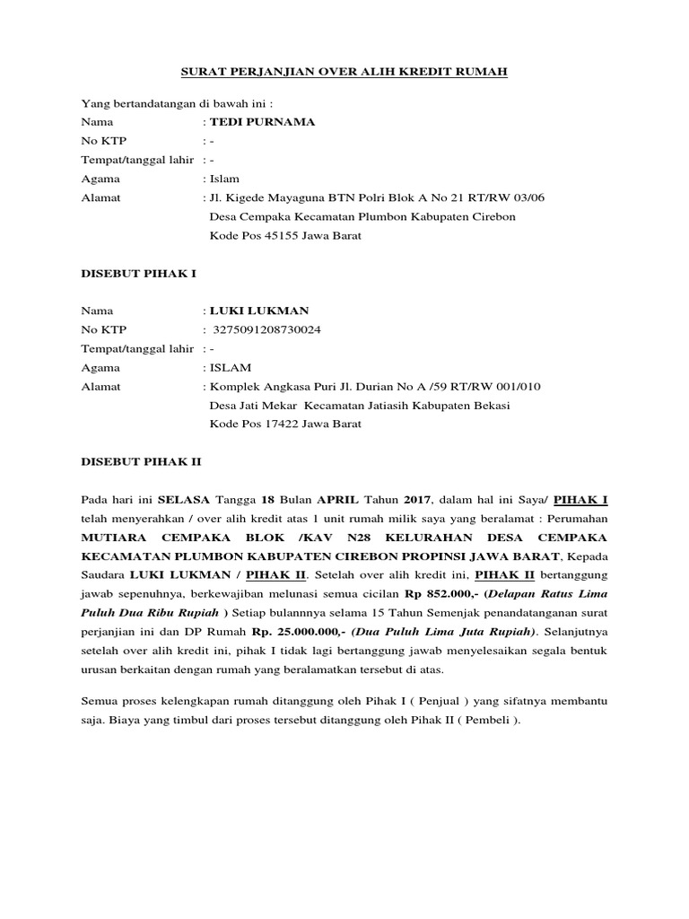 303701745 Surat Perjanjian Over Alih Kredit Rumah