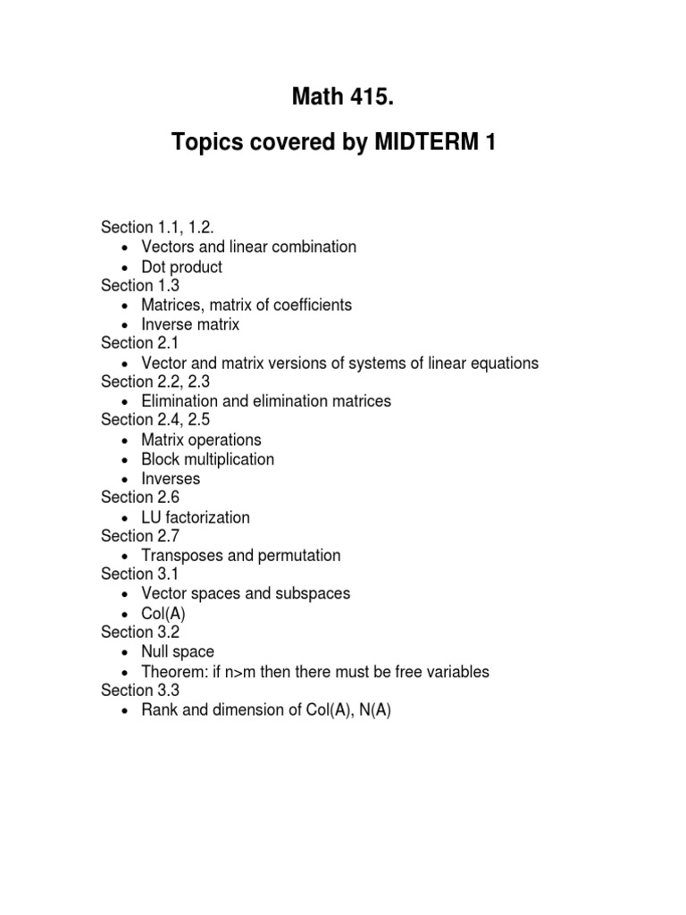 Math 415. Topics Covered by MIDTERM 1 PDF