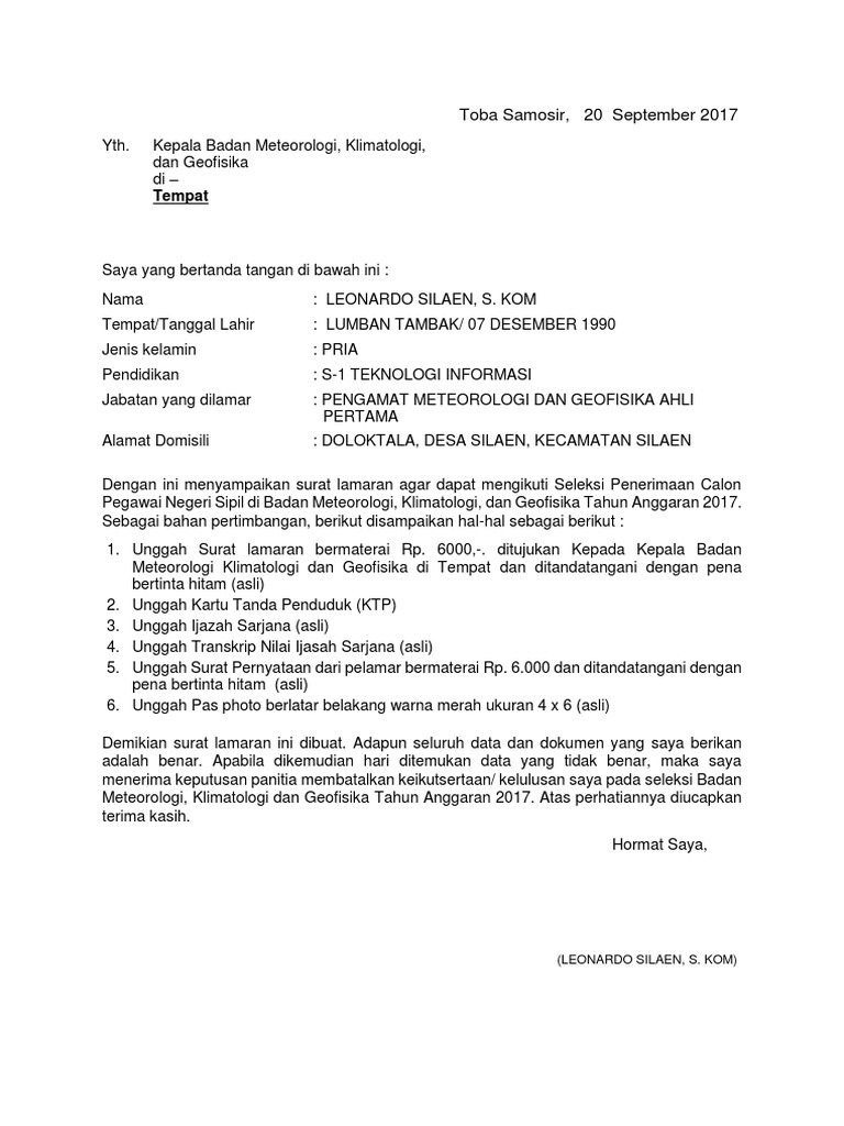 Format Surat Lamaran BMKG | PDF