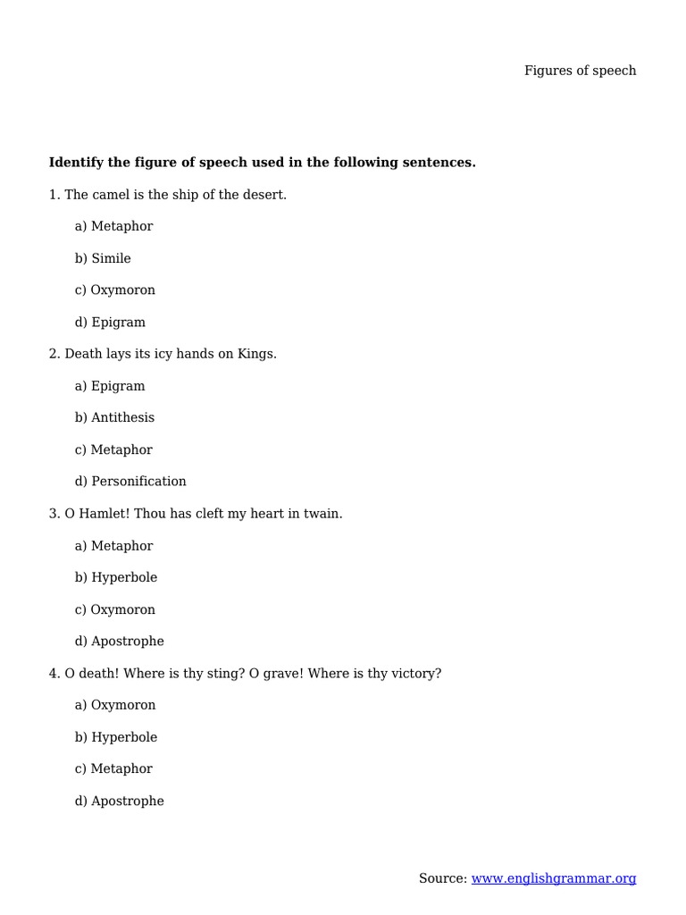 literature questions on figures of speech