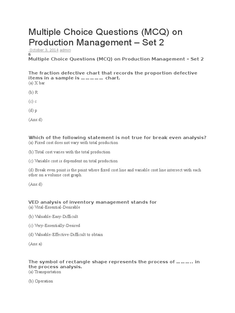 Production Management MCQs | PDF | Production And Manufacturing ...
