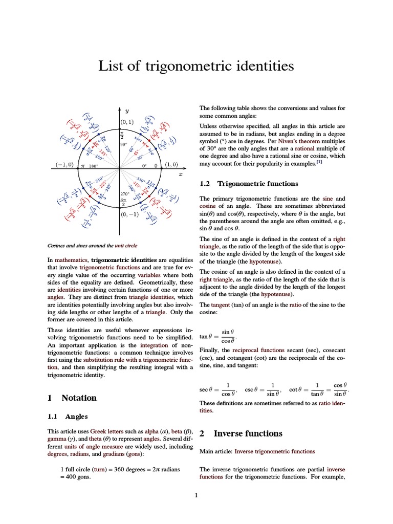 List of Trigonometric Identities PDF PDF Trigonometric Functions Sine