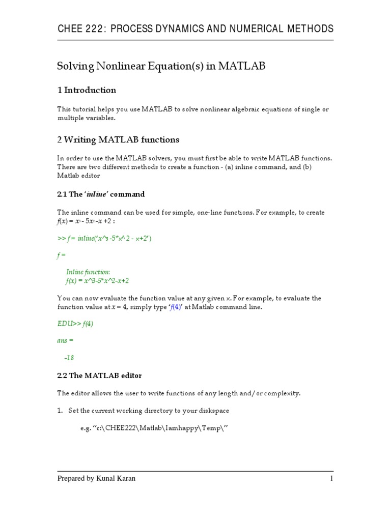 Solving Nonlinear Equation(s) in MATLAB: Chee 222: Process Dynamics and ...