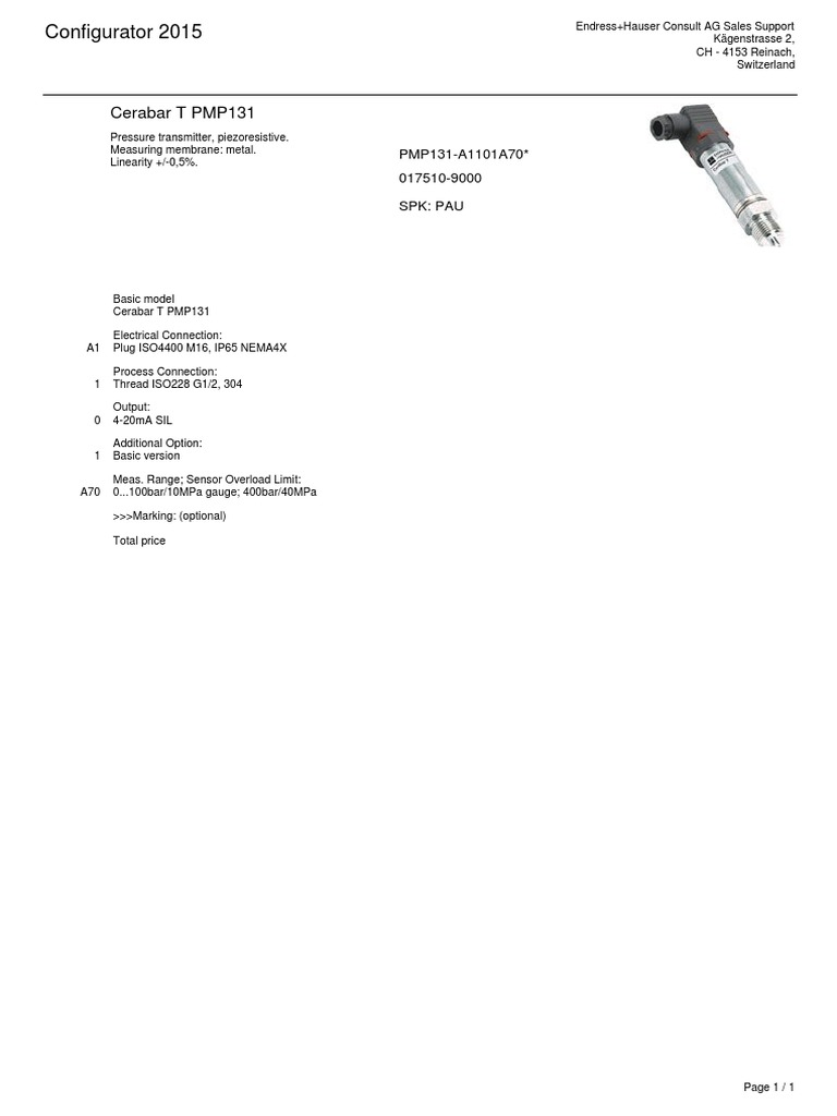 Endress+Hauser PMP131 Pressure Transmitter | PDF