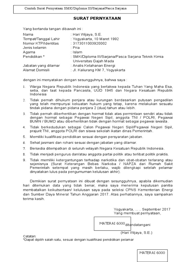 Contoh Surat Pernyataan Tidak Pernah Dihukum Penjara Untuk Cpns 2018