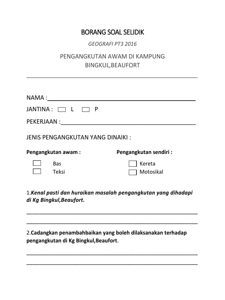 Contoh Borang Soal Selidik Geografi Pt3 Pengangkutan 
