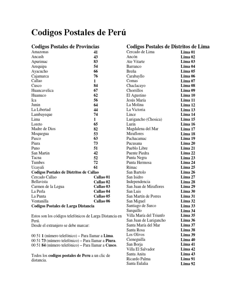 Códigos Postales de Perú y Lima | PDF | Lima | Perú