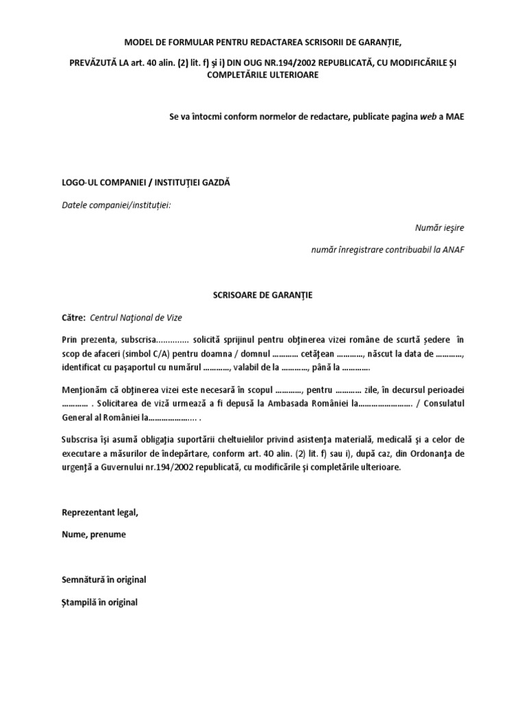 Model Scrisoare Garantie