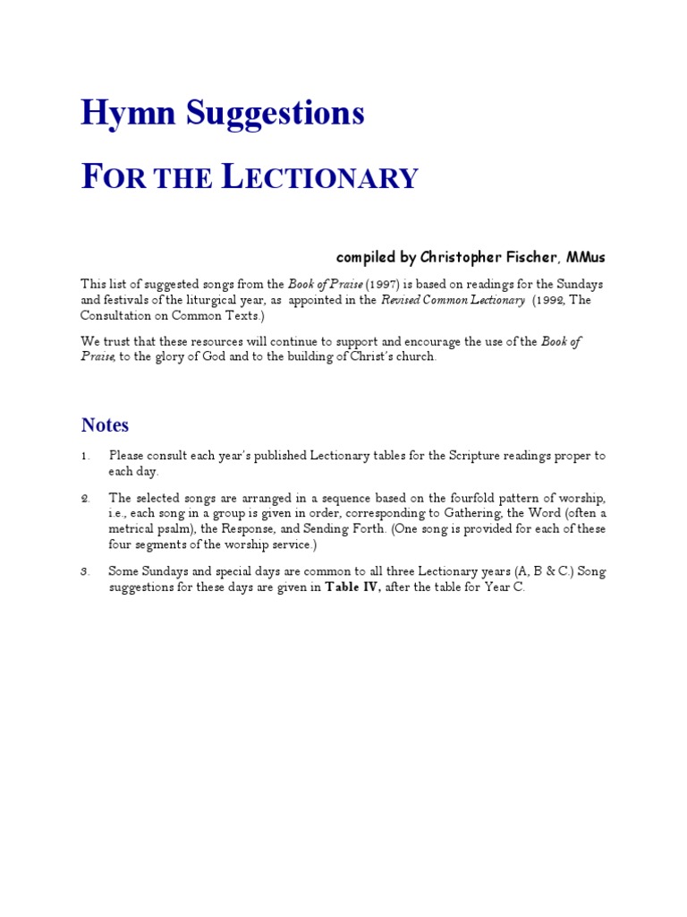 Hymn Suggestions For The Lectionary PDF Easter Lectionary
