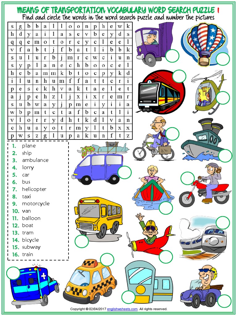 means of transportation vocabulary esl word search puzzle worksheets