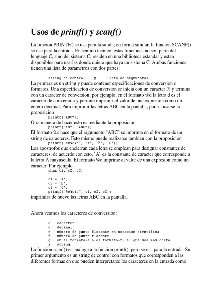 Usos de Scanf y Printf | PDF | C (lenguaje de programación) | Cadena ...